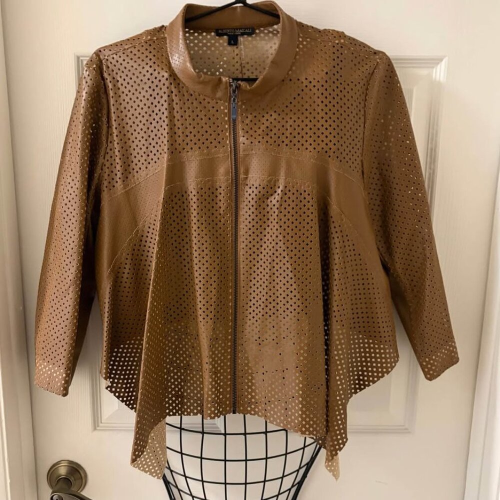 Alberto Makali New York Perforated Faux Leather Semi Cropped Zip Up Jacket EUC L